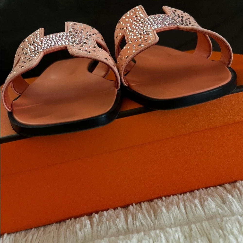 Hermes Orange Crystal-Embellished Oran Slide Sandals - Picture 8 of 9